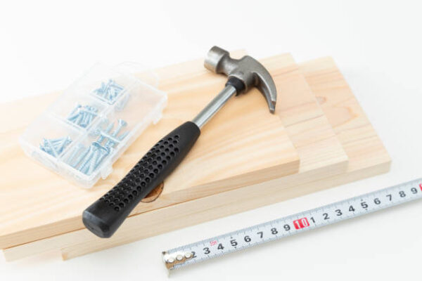White background wood and tools.
